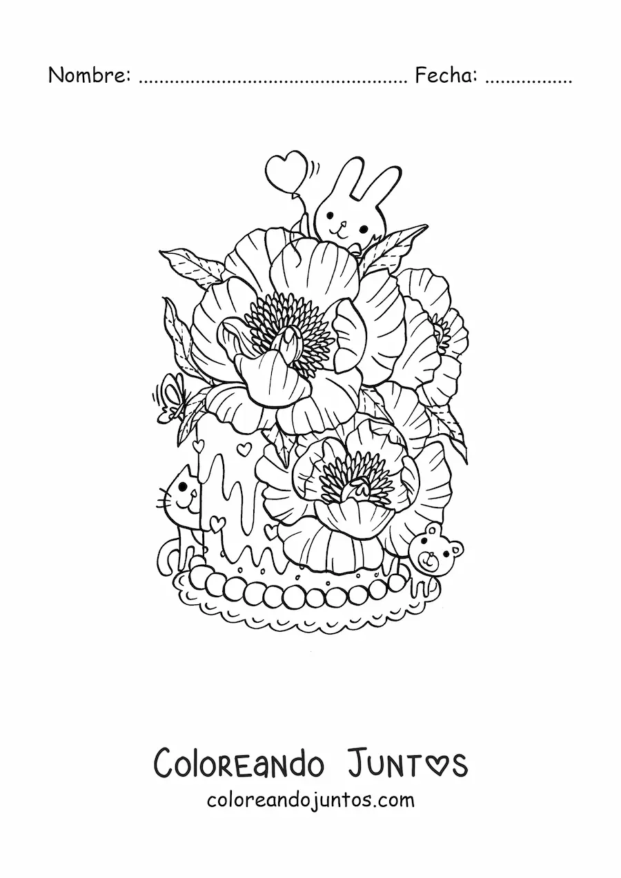 Imagen para colorear de pastel con flores con conejo y gato kawaii