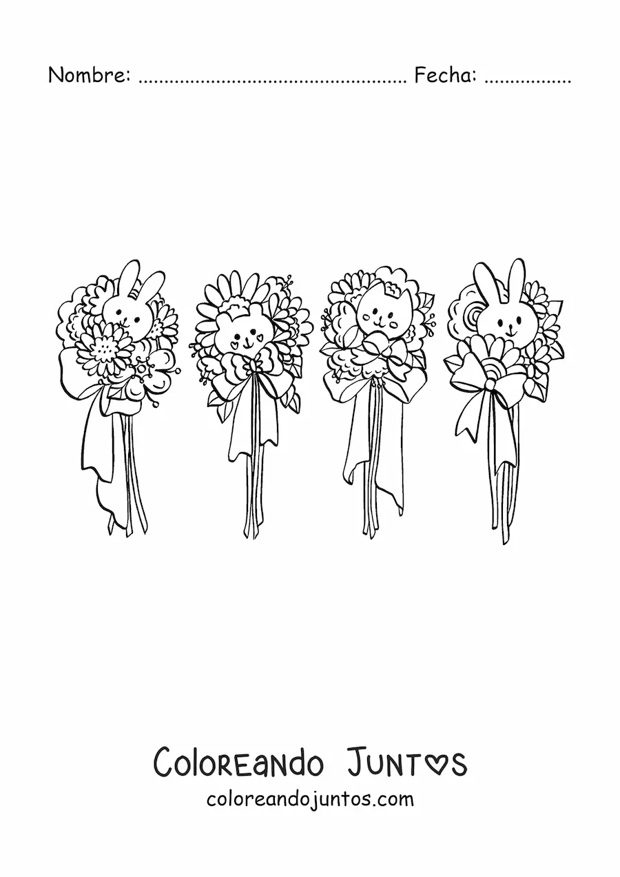 Imagen para colorear de flores con conejos y gato kawaii