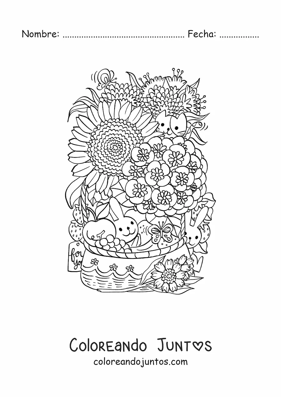 Imagen para colorear de cesta de frutas con flores con conejos y gato kawaii
