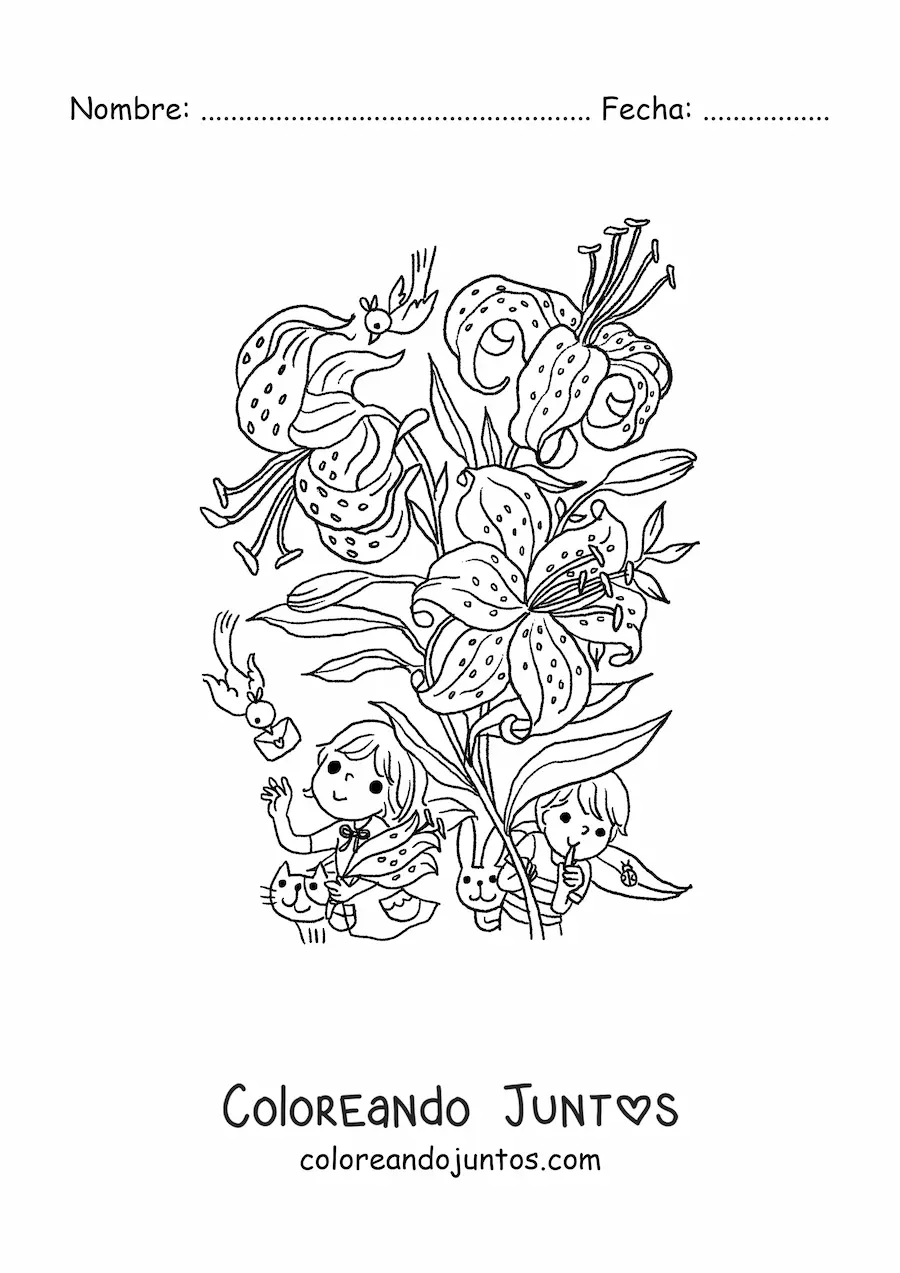 Imagen para colorear de lirios con niños kawaii