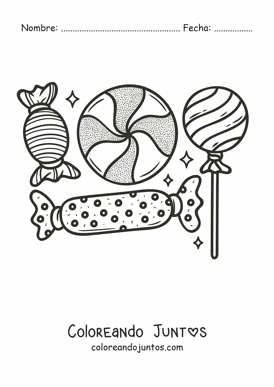 Imagen para colorear de una paleta y caramelos envueltos