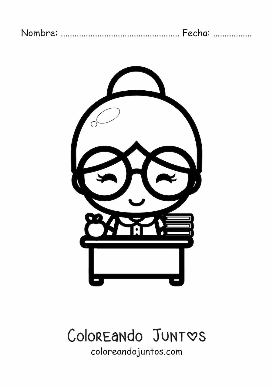 Imagen para colorear de maestra kawaii en su escritorio con una manzana