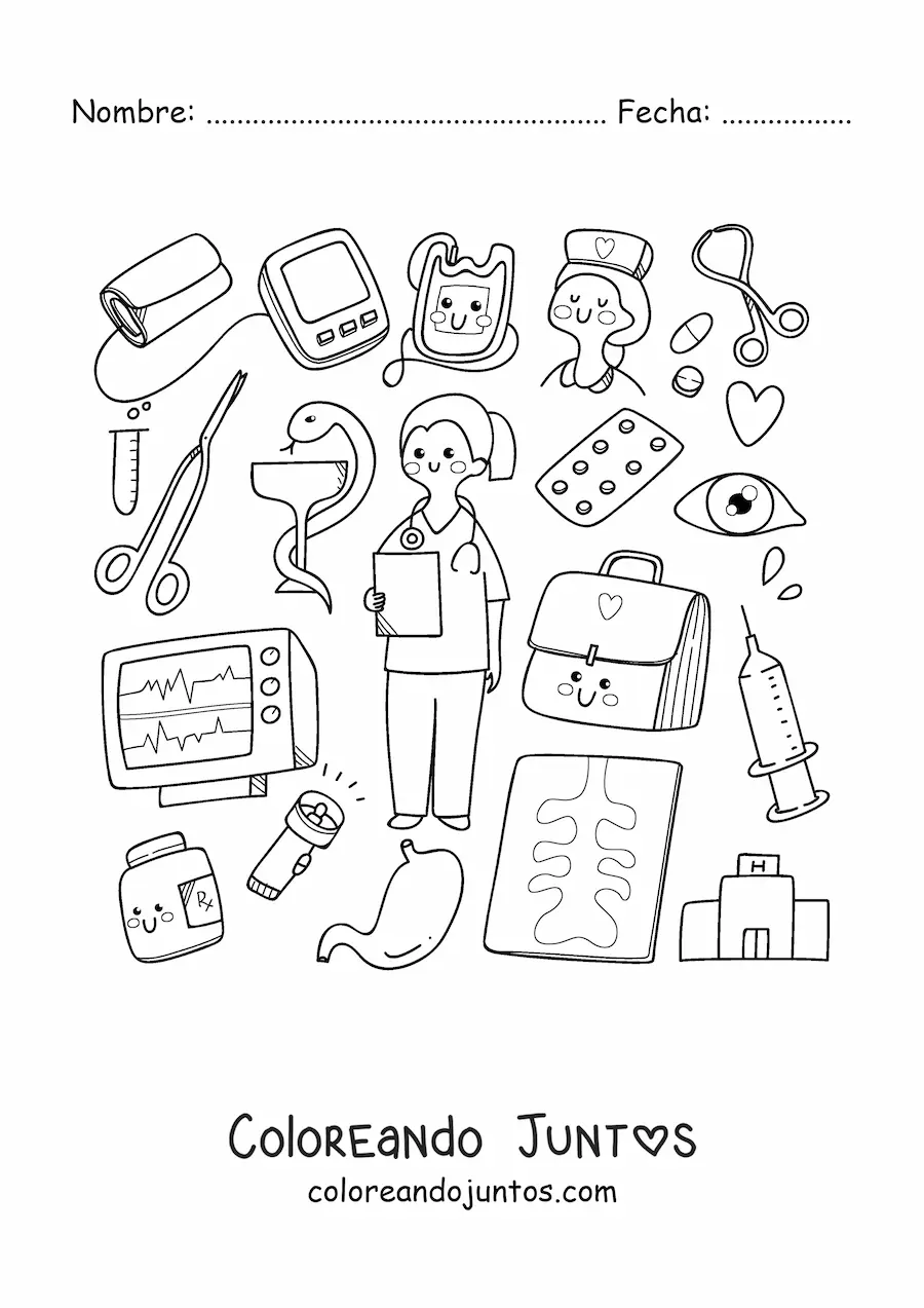Imagen para colorear de doctora kawaii con cosas animadas