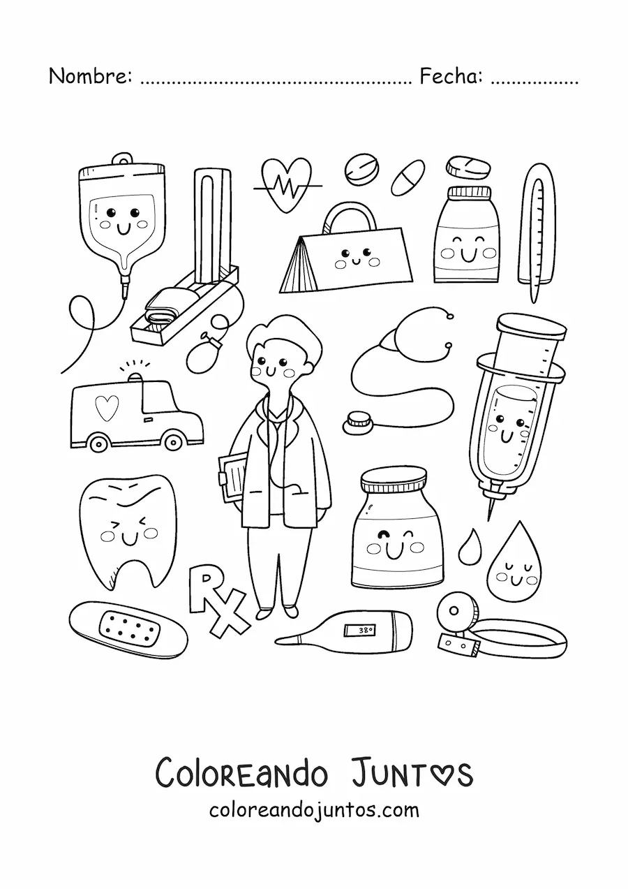 Imagen para colorear de doctor kawaii con cosas animadas