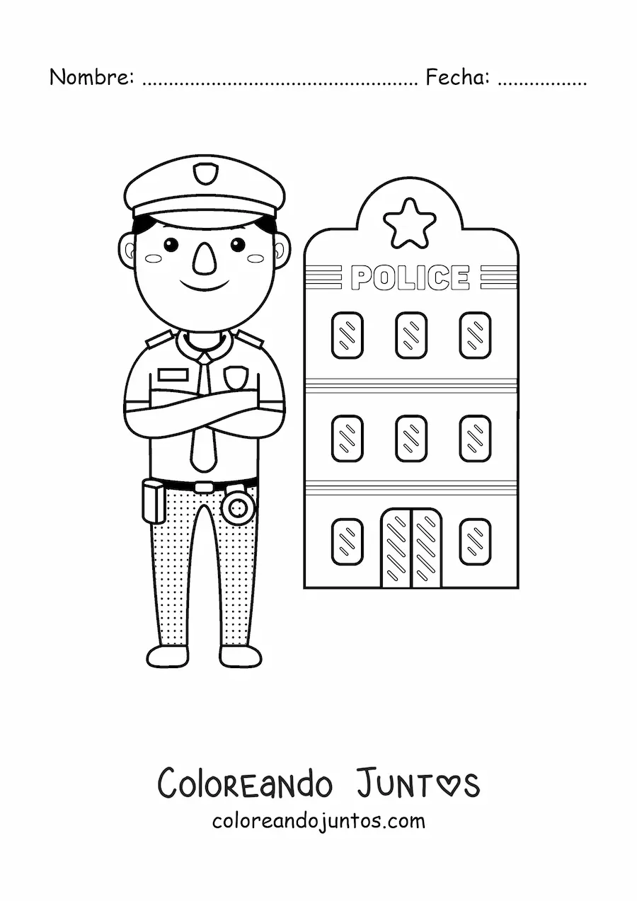 Imagen para colorear de policía kawaii frente a la estación