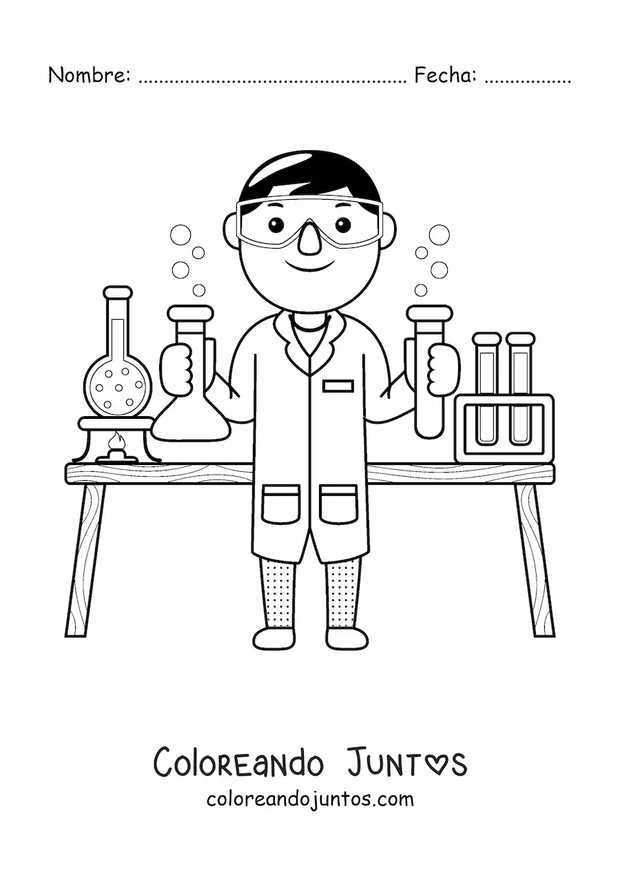 Imagen para colorear de científico kawaii en su laboratorio