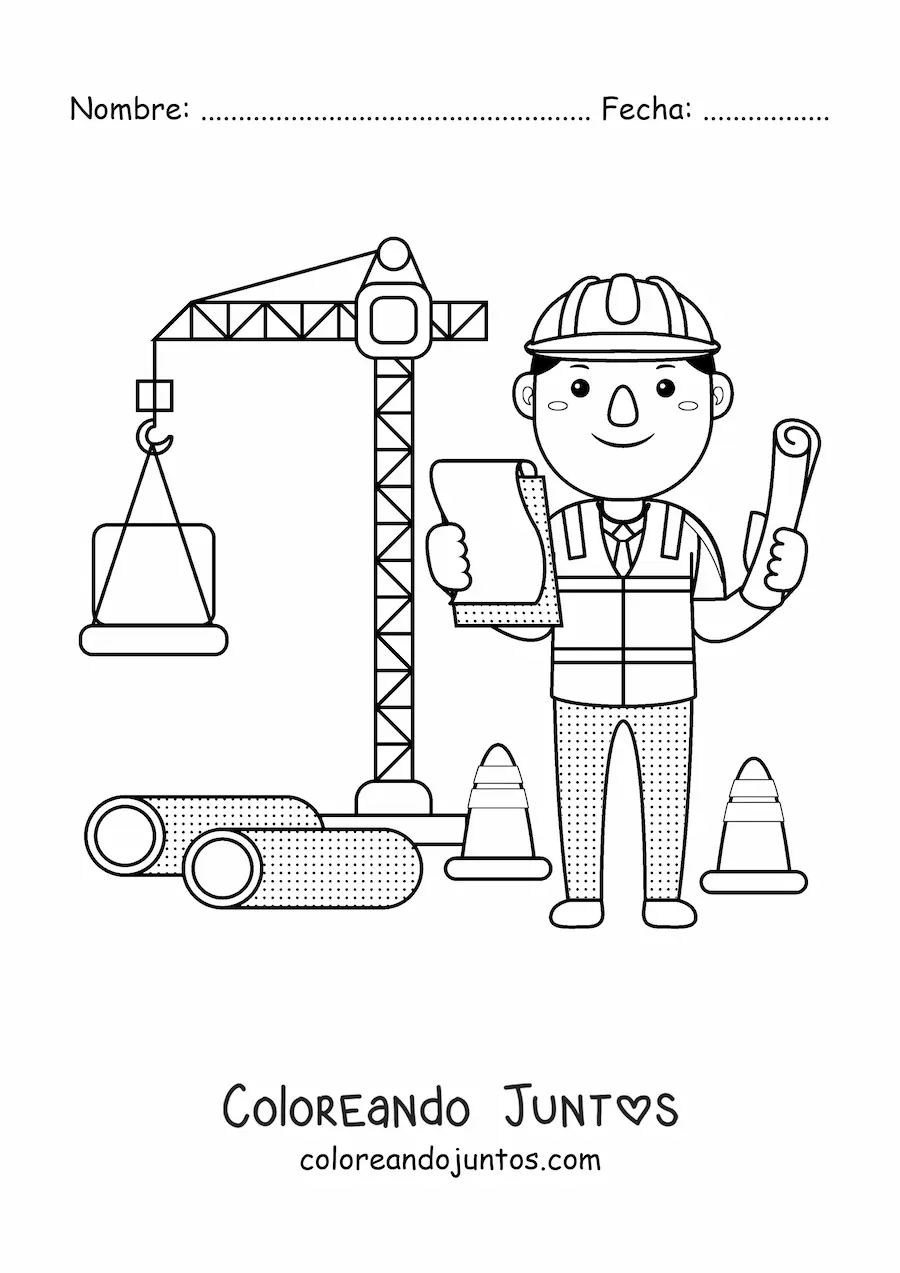 Imagen para colorear de ingeniero civil kawaii junto a una grúa en la construcción