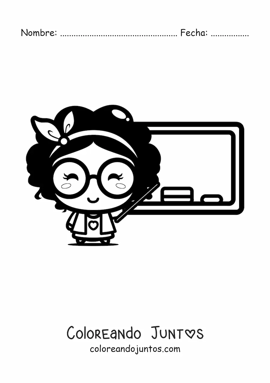 Imagen para colorear de profesora kawaii dando clases frente a la pizarra