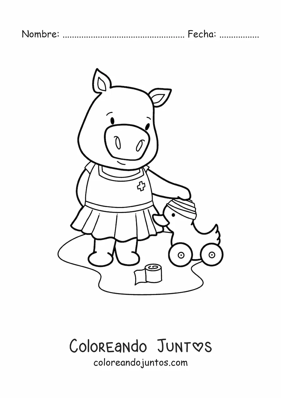 Imagen para colorear de niña cerdita kawaii animada jugando a la enfermera