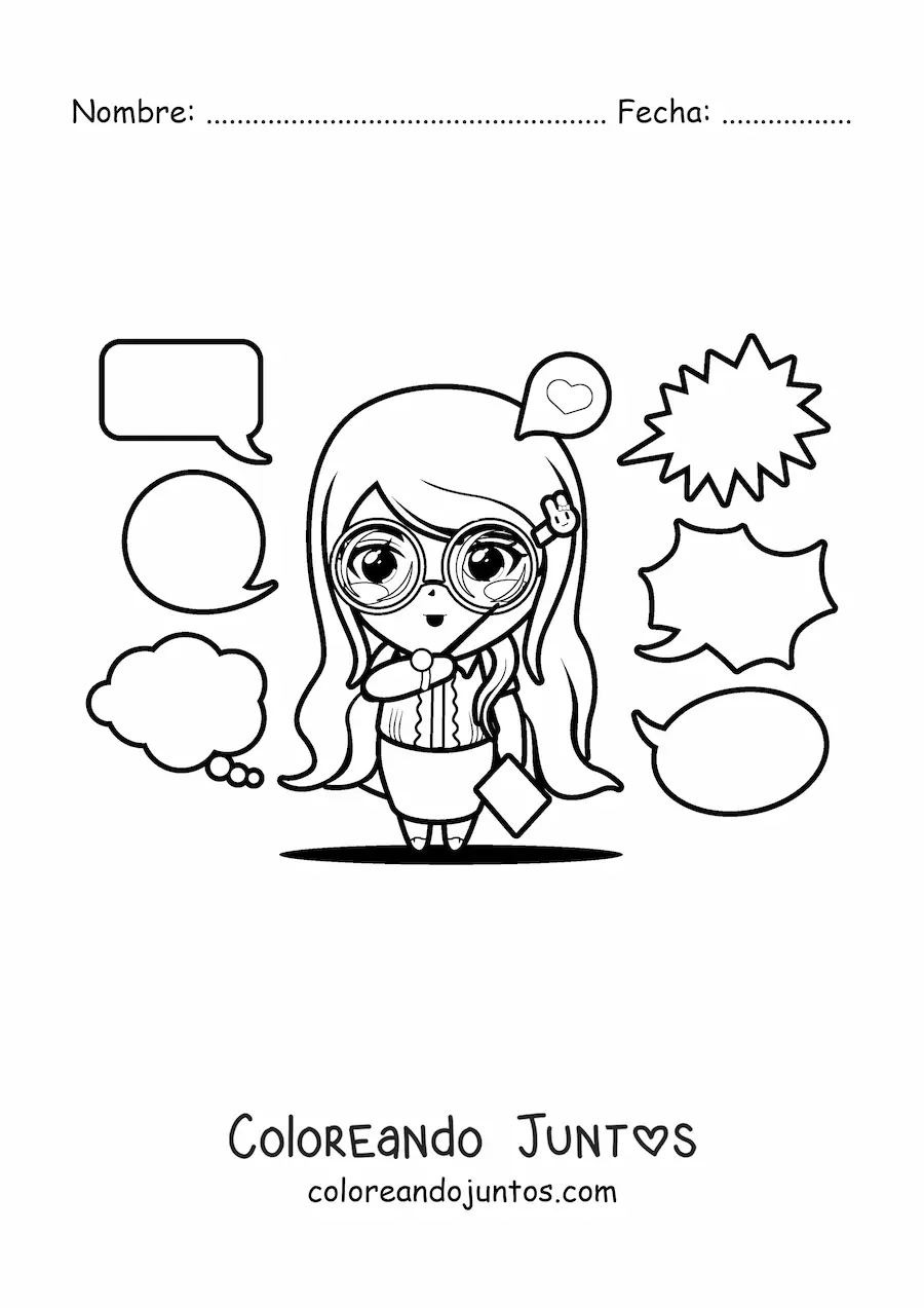 Imagen para colorear de maestra kawaii dando clases