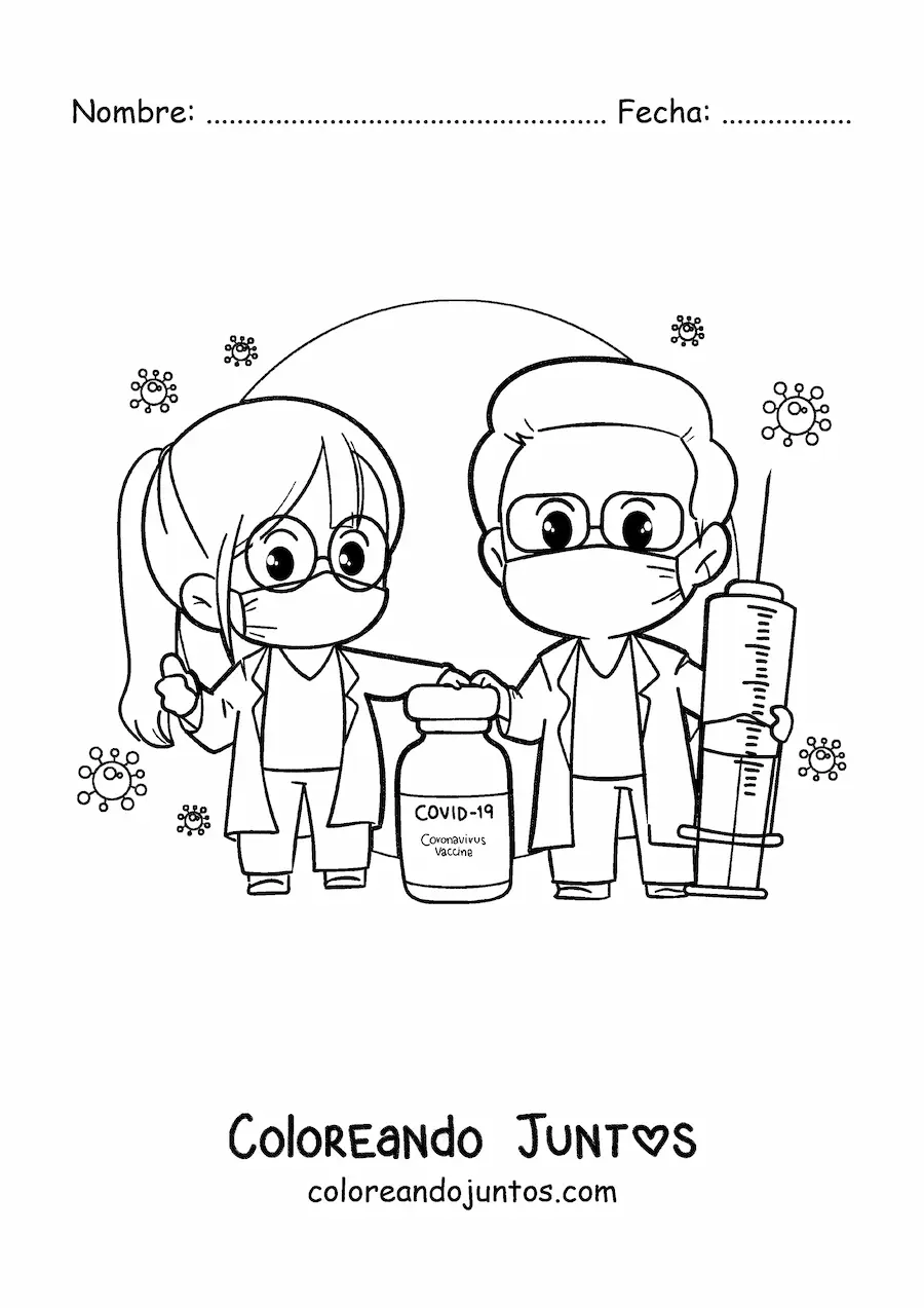 Imagen para colorear de médicos kawaii con vacuna contra el coronavirus