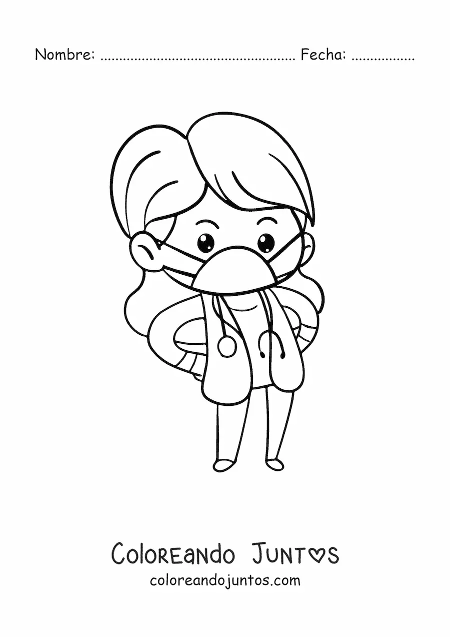 Imagen para colorear de doctora kawaii con mascarilla grande