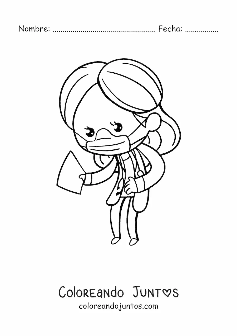 Imagen para colorear de mujer médico kawaii con mascarilla