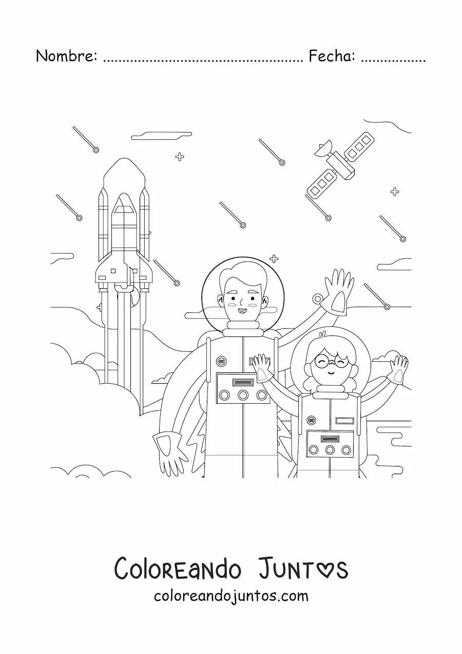 Imagen para colorear de niña astronauta con cohete despegando