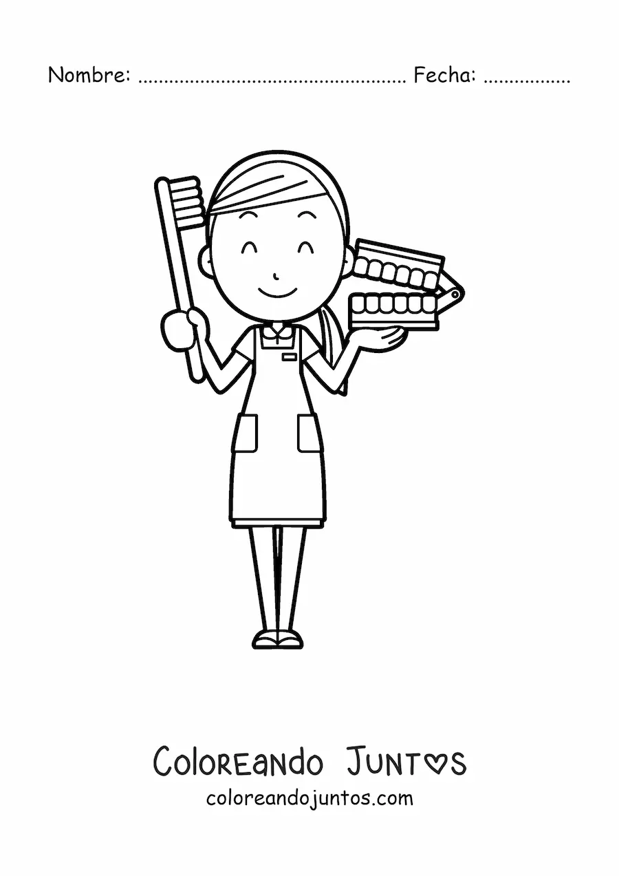 Imagen para colorear de mujer odontólogo animada con dentadura y cepillo