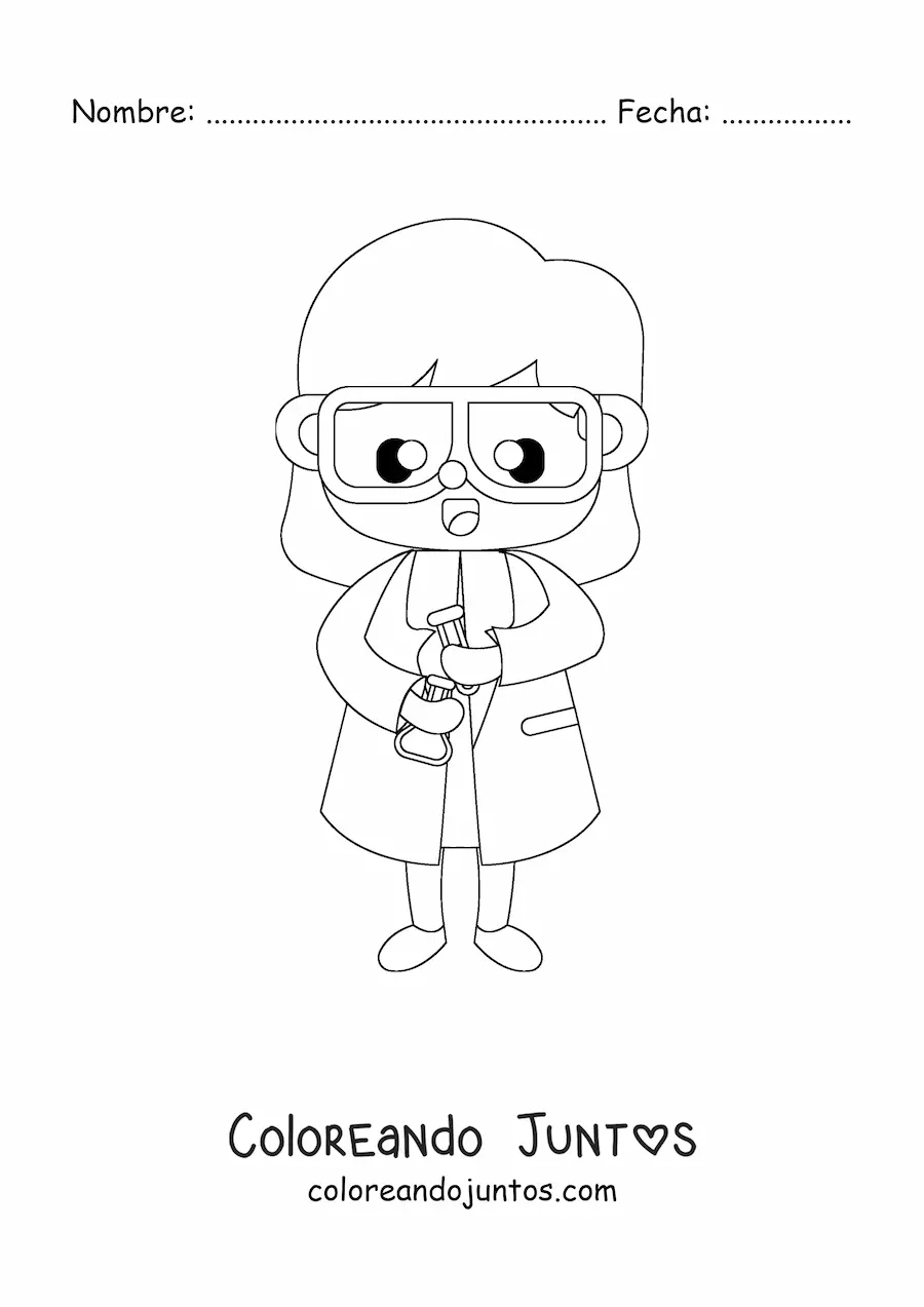 Imagen para colorear de mujer científico kawaii mezclando químicos