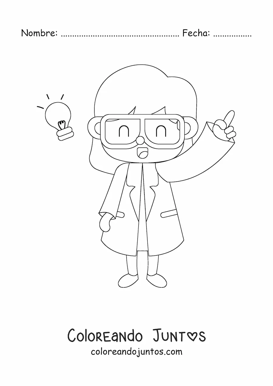 Imagen para colorear de mujer científico kawaii teniendo una idea