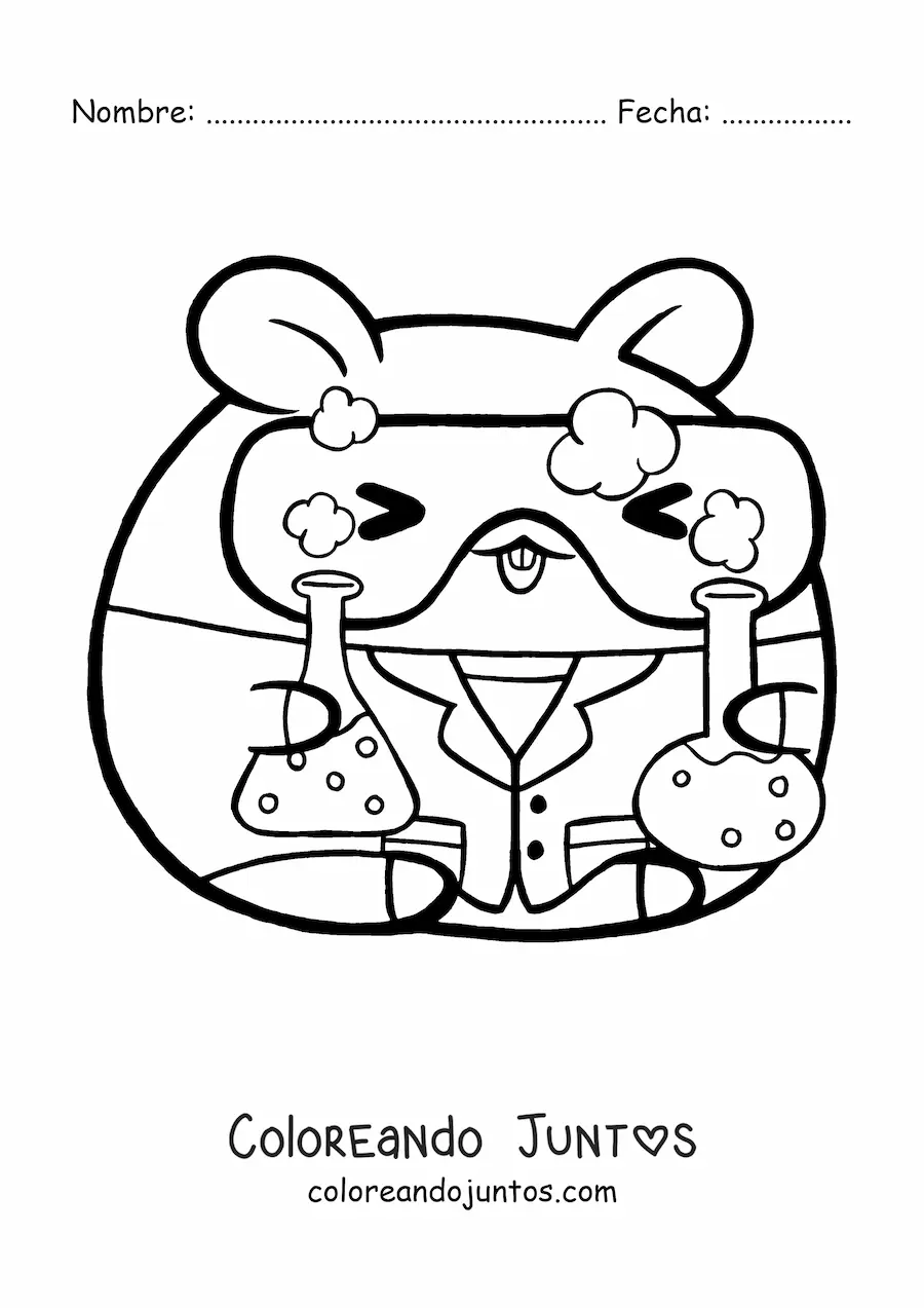 Imagen para colorear de hámster científico kawaii animado con químicos y lentes de seguridad