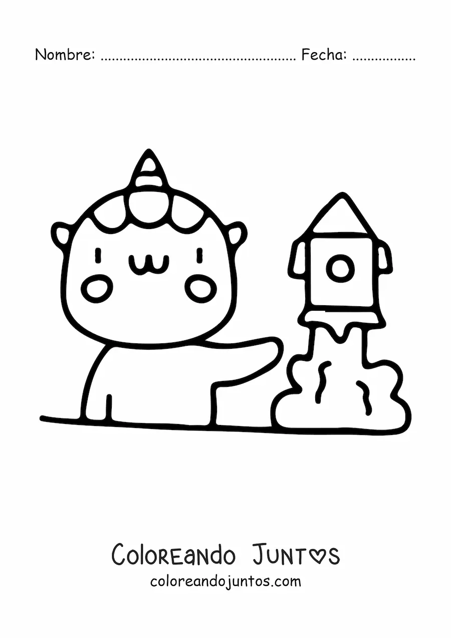 Imagen para colorear de unicornio kawaii estudiando un cohete