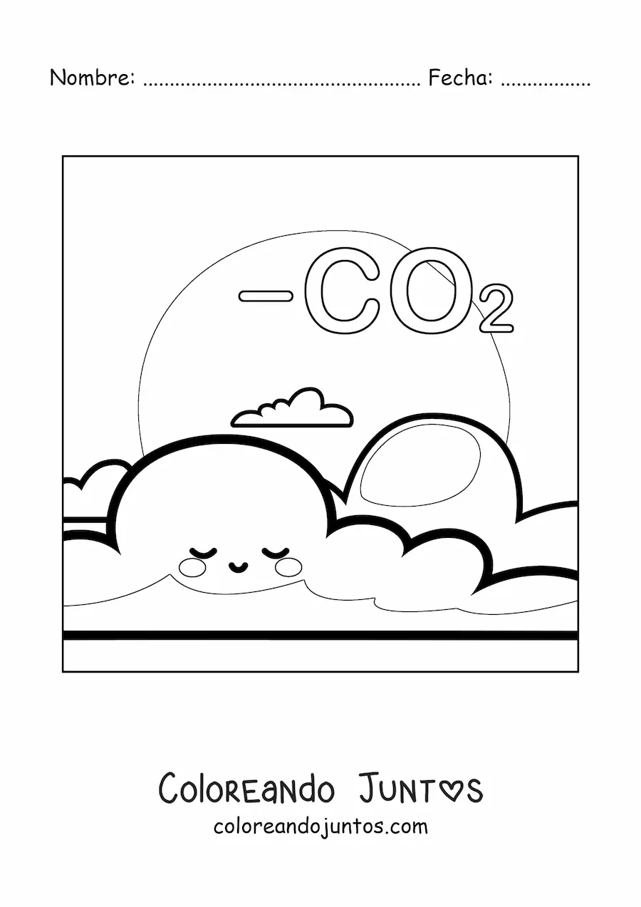 Imagen para colorear de planeta Tierra kawaii con dióxido de carbono en la atmósfera