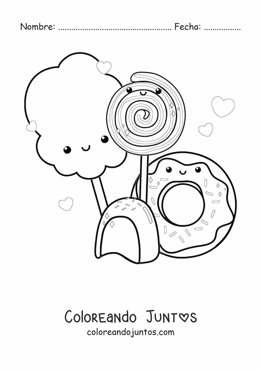 Imagen para colorear de una paleta kawaii con dulces a los lados