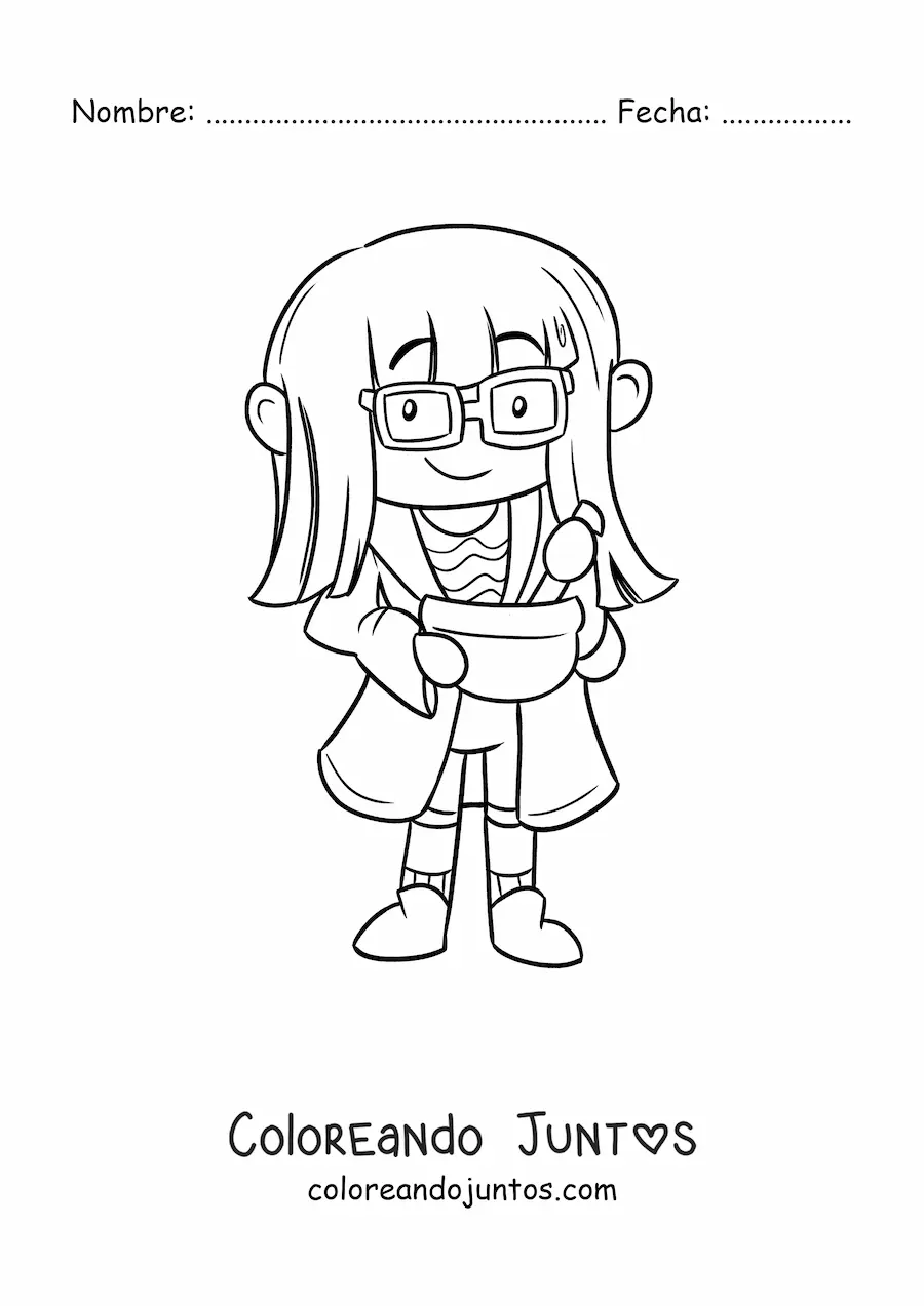 Imagen para colorear de mujer científico kawaii preparando una Solución