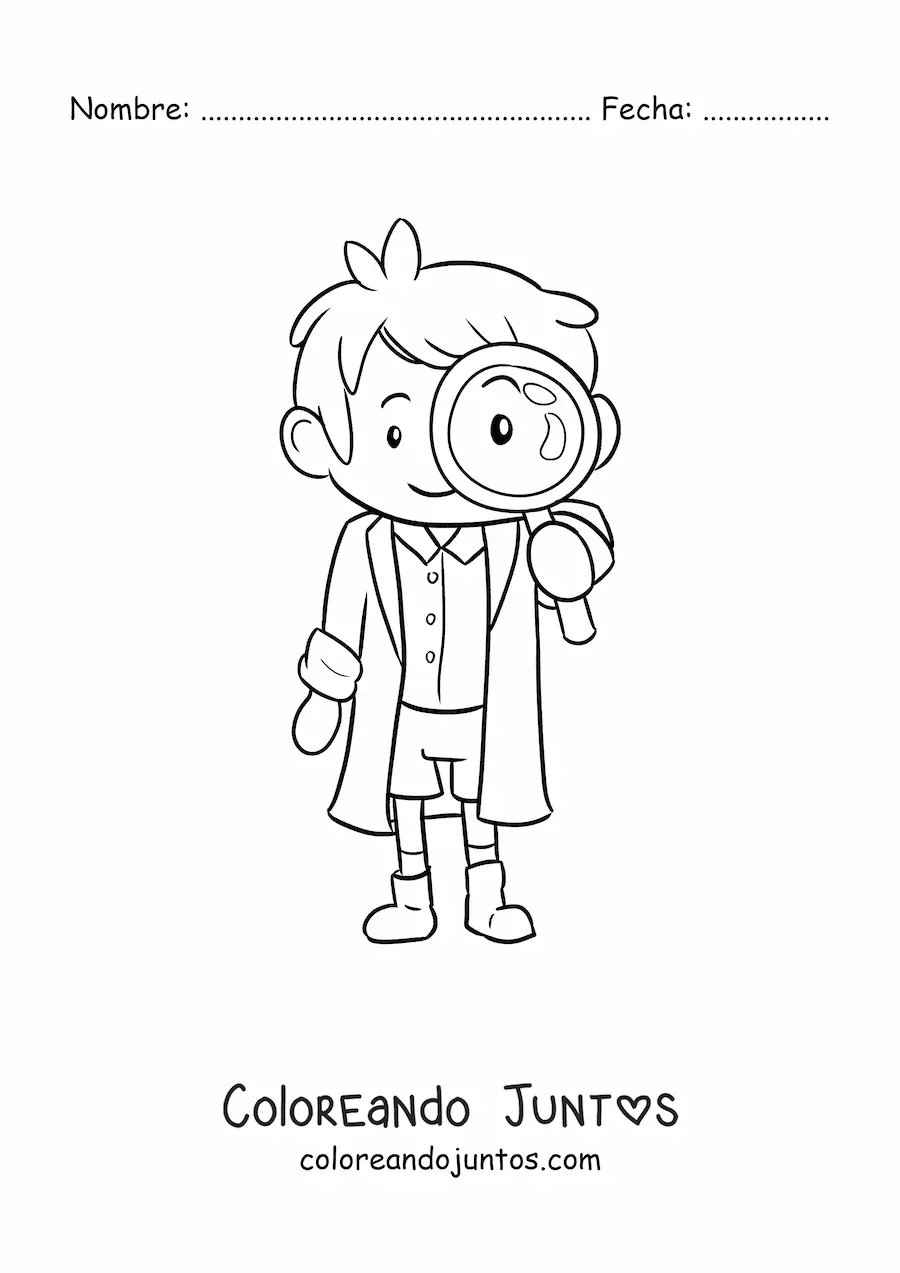 Imagen para colorear de hombre científico kawaii con una lupa