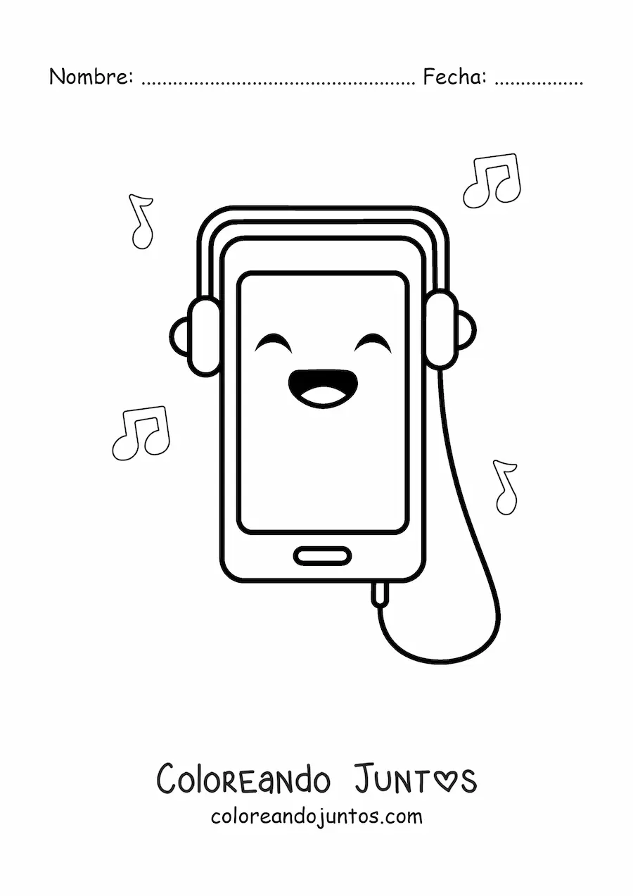 Imagen para colorear de teléfono inteligente kawaii con audífonos
