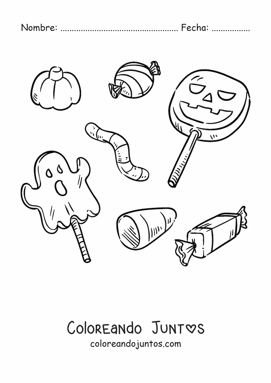 Imagen para colorear de varias paletas de halloween y caramelos