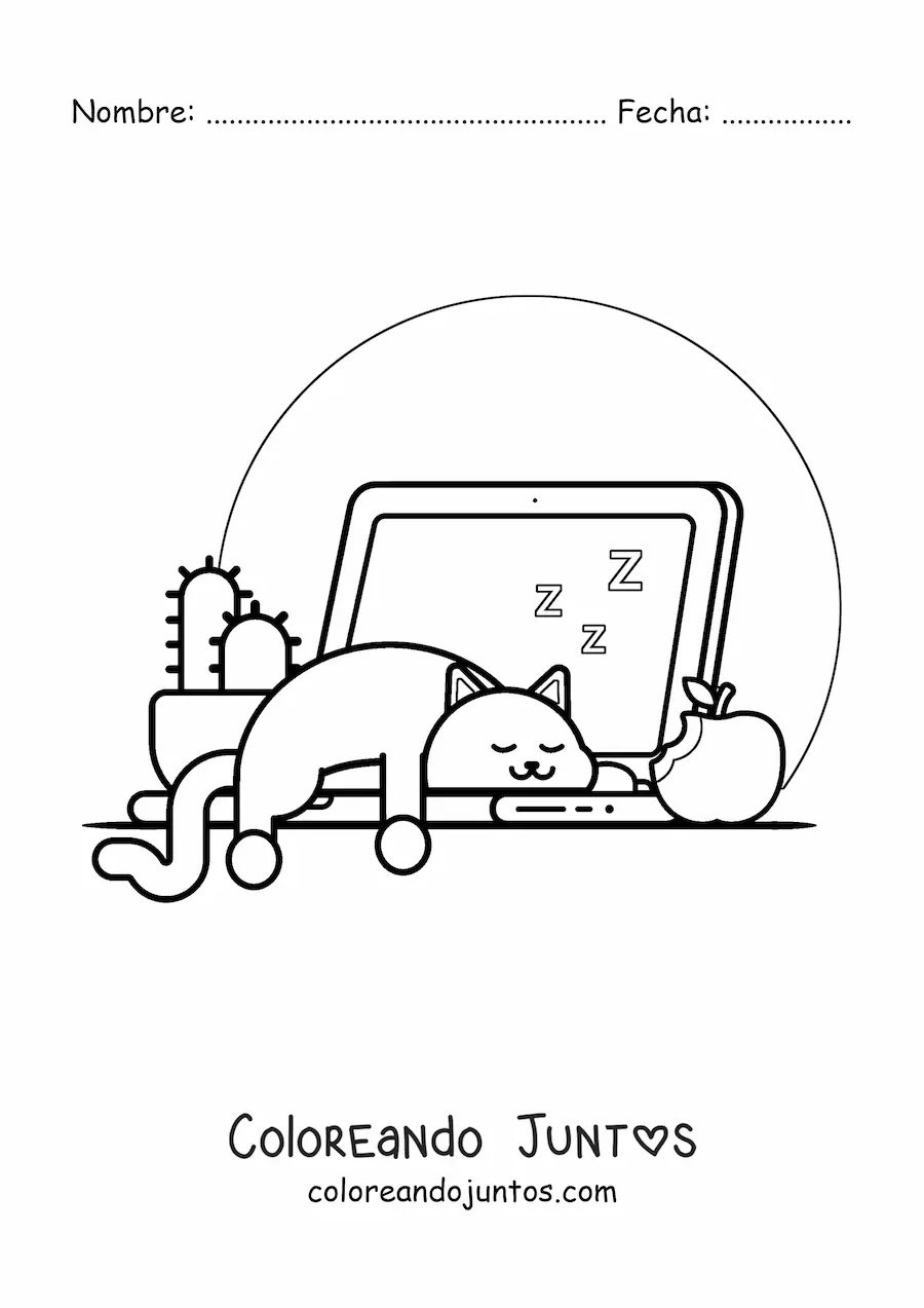 Imagen para colorear de gato kawaii durmiendo sobre una laptop