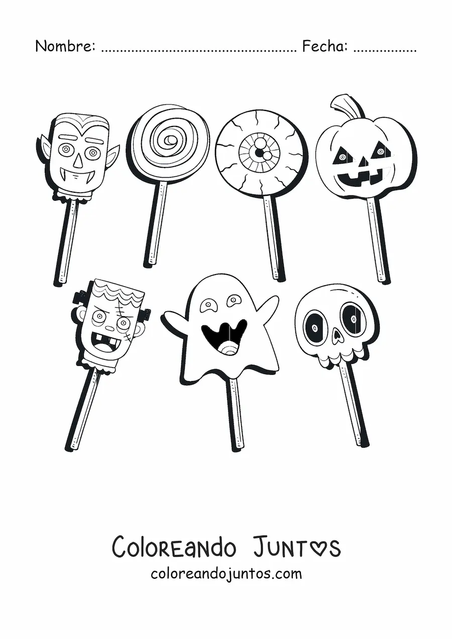 Imagen para colorear de varias paletas con formas de monstruos y símbolos del halloween