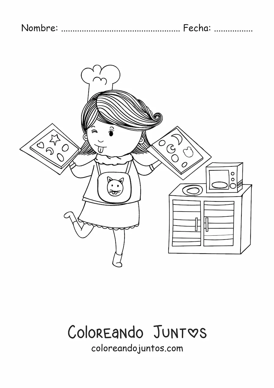 Imagen para colorear de una niña horneando galletas con dos bandejas en las manos
