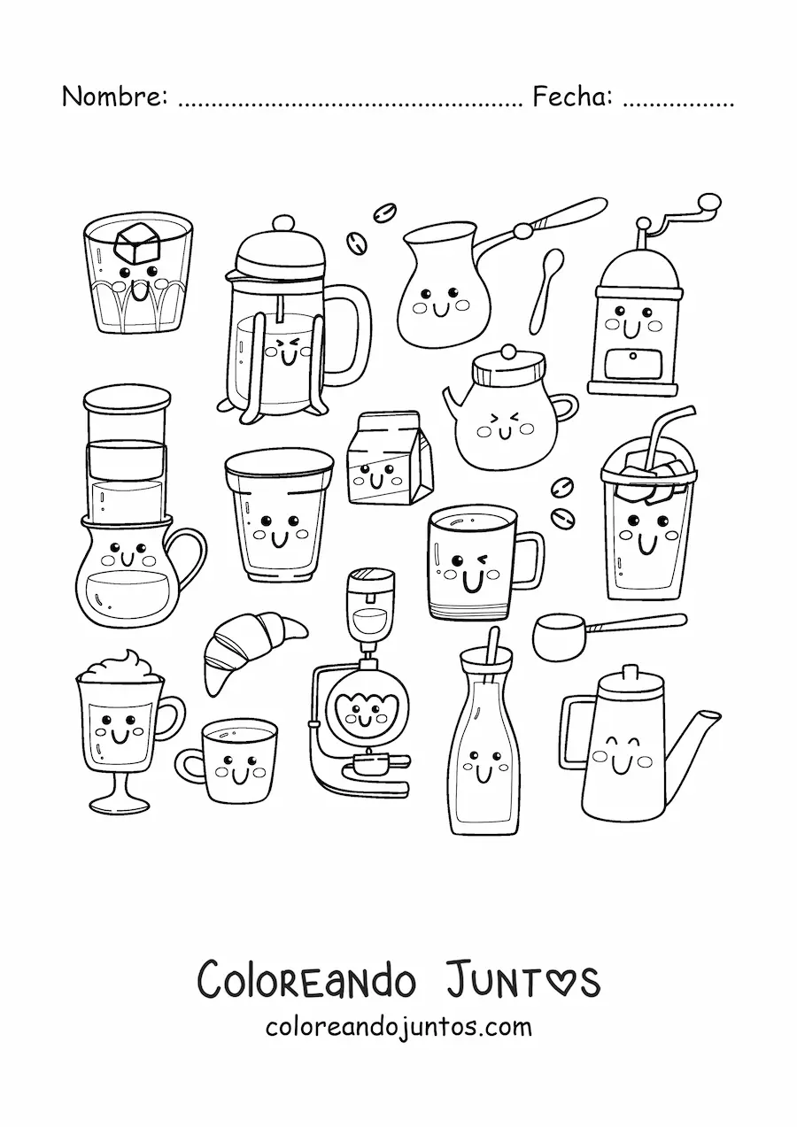 Imagen para colorear de café y comida de cafetería kawaii