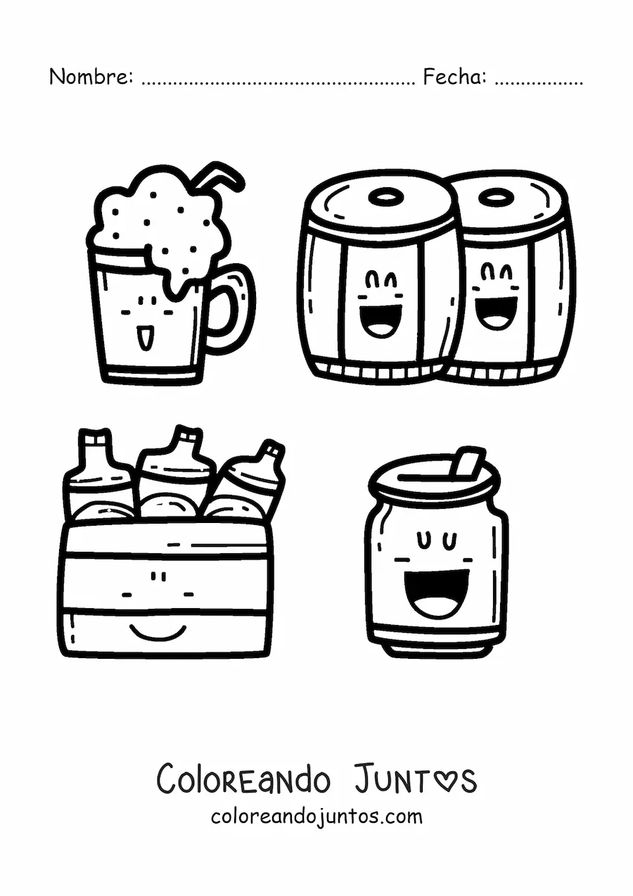 Imagen para colorear de cerveza y barriles kawaii