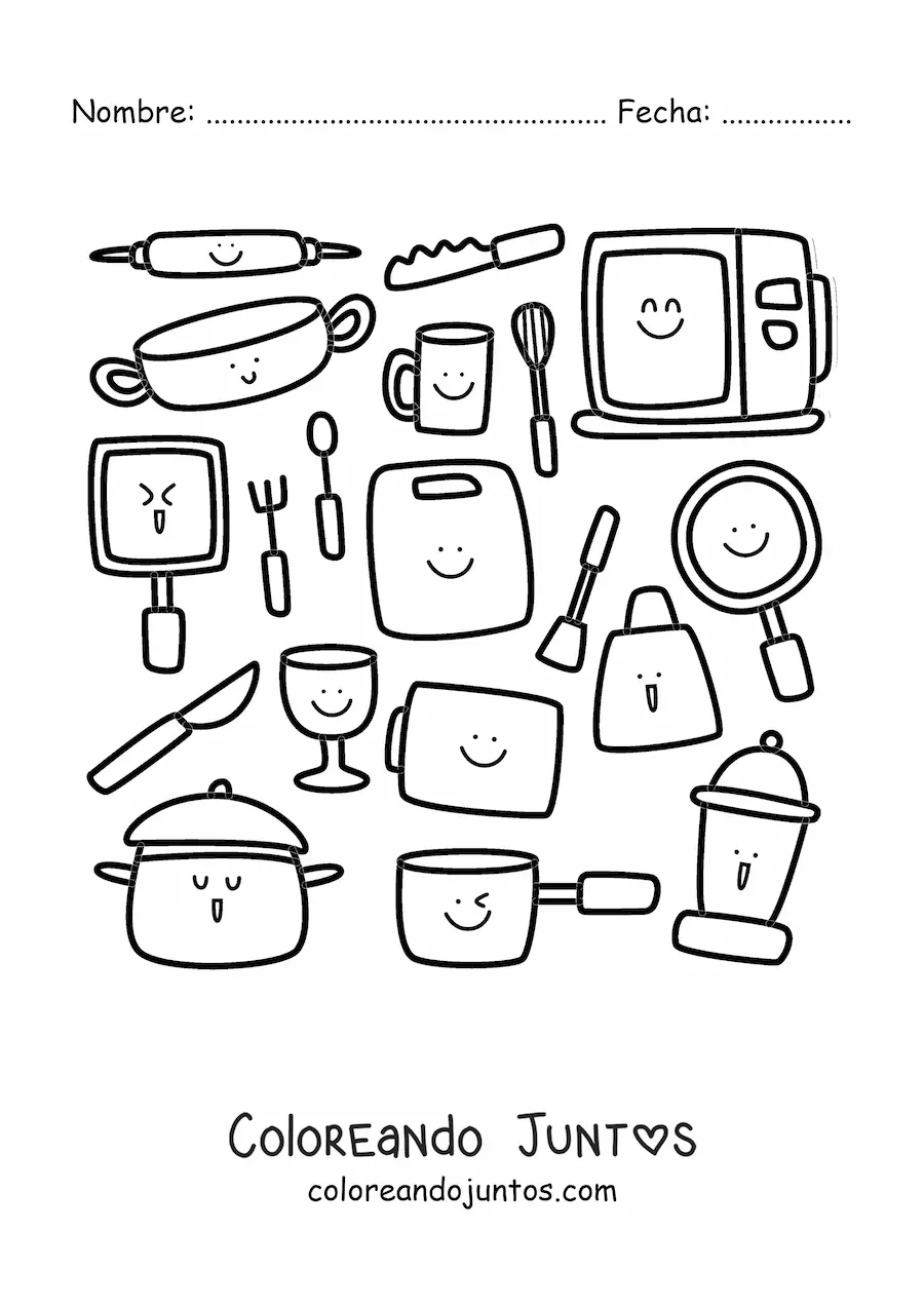 Imagen para colorear de utensilios de cocina kawaii