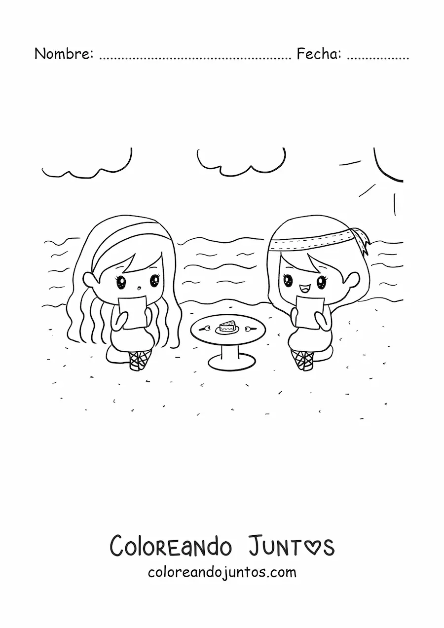 Imagen para colorear de niñas kawaii merendando en una mesa redonda
