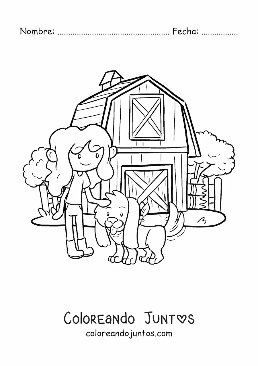 Imagen para colorear de granjera con perro animado en la granja kawaii