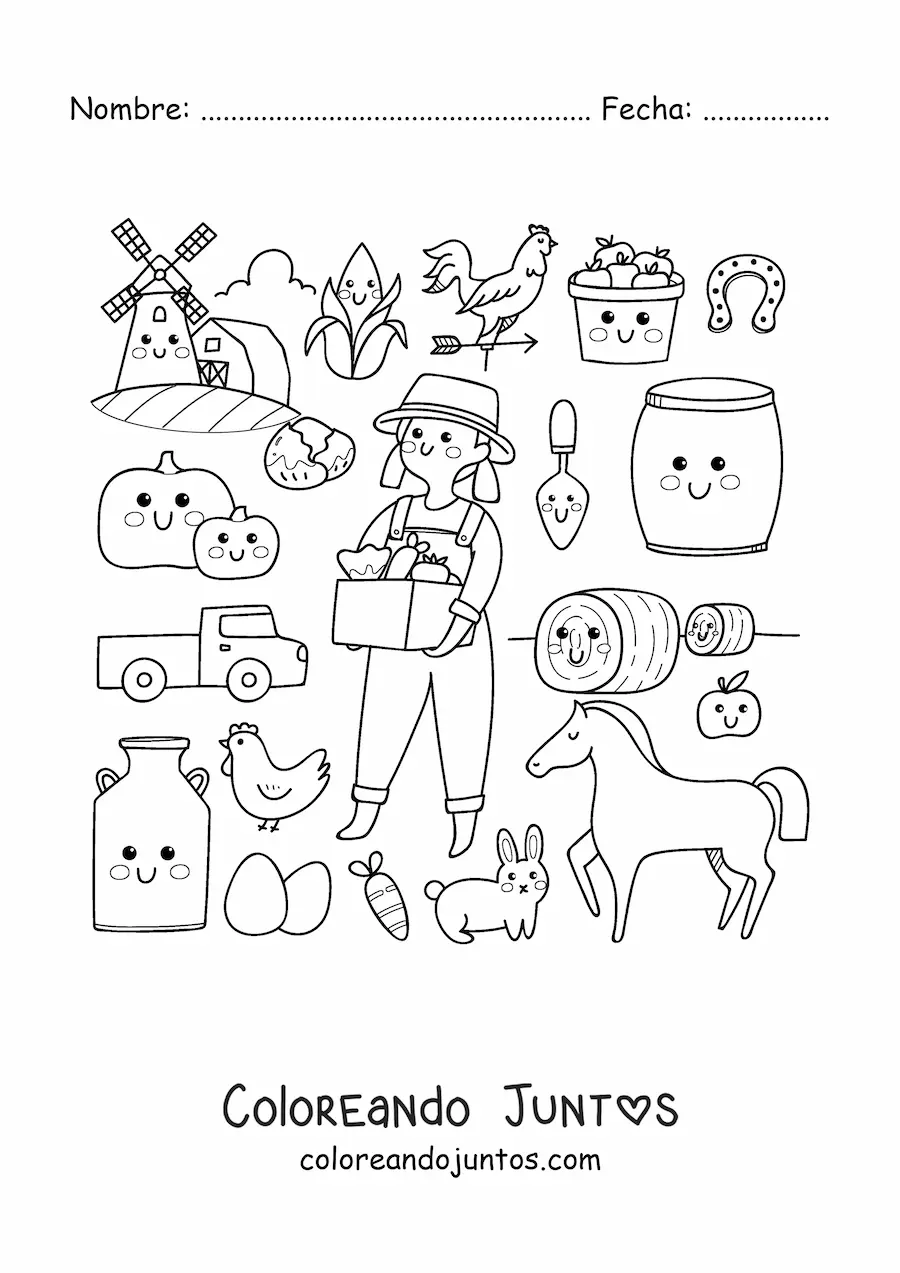 Imagen para colorear de granjera y cosas kawaii animadas