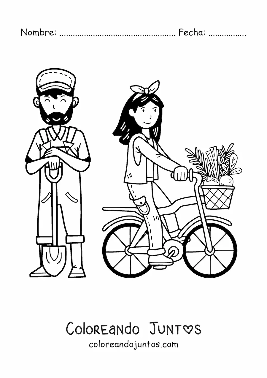 Imagen para colorear de pareja de granjeros kawaii
