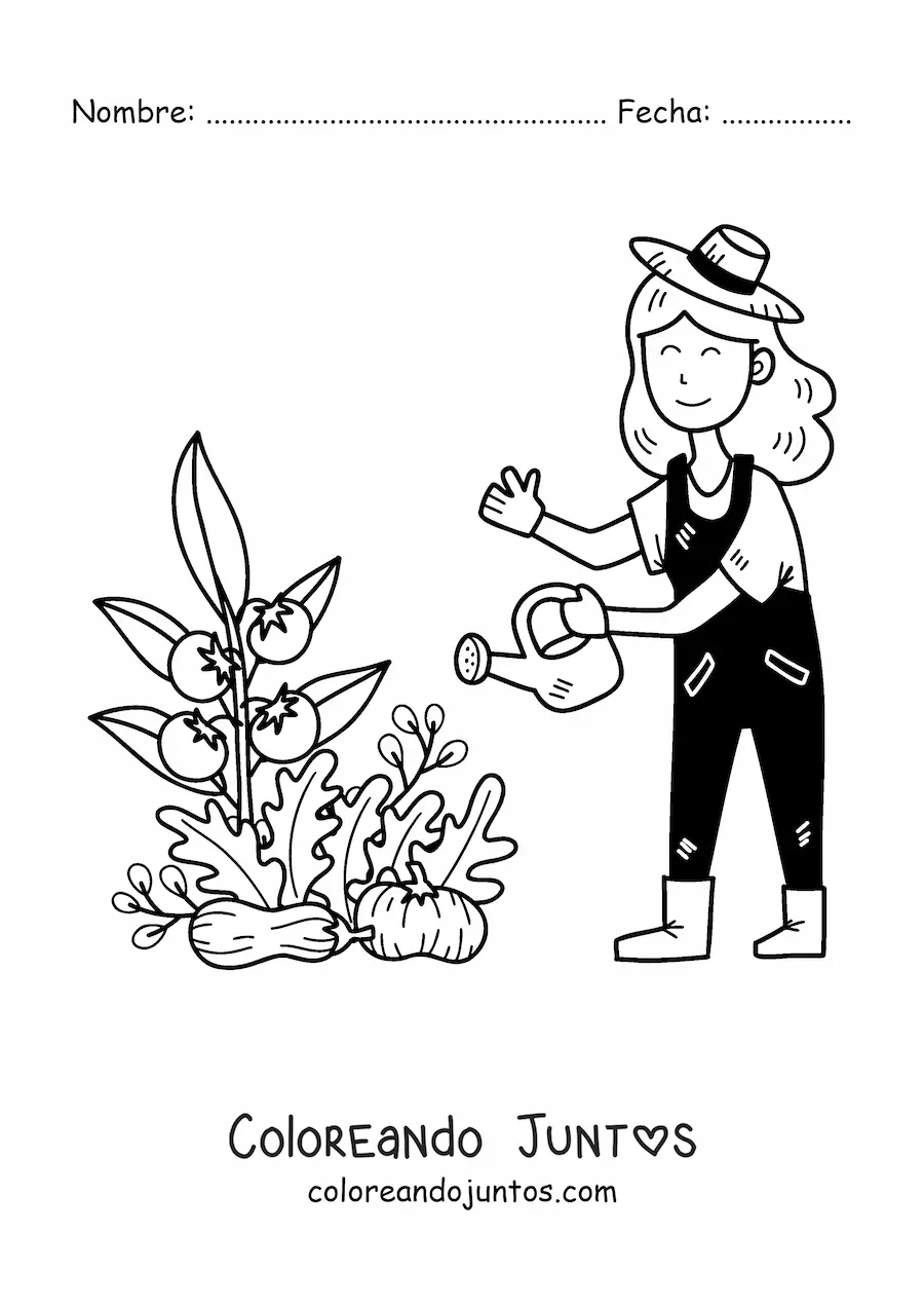 Imagen para colorear de granjera kawaii regando planta de tomate