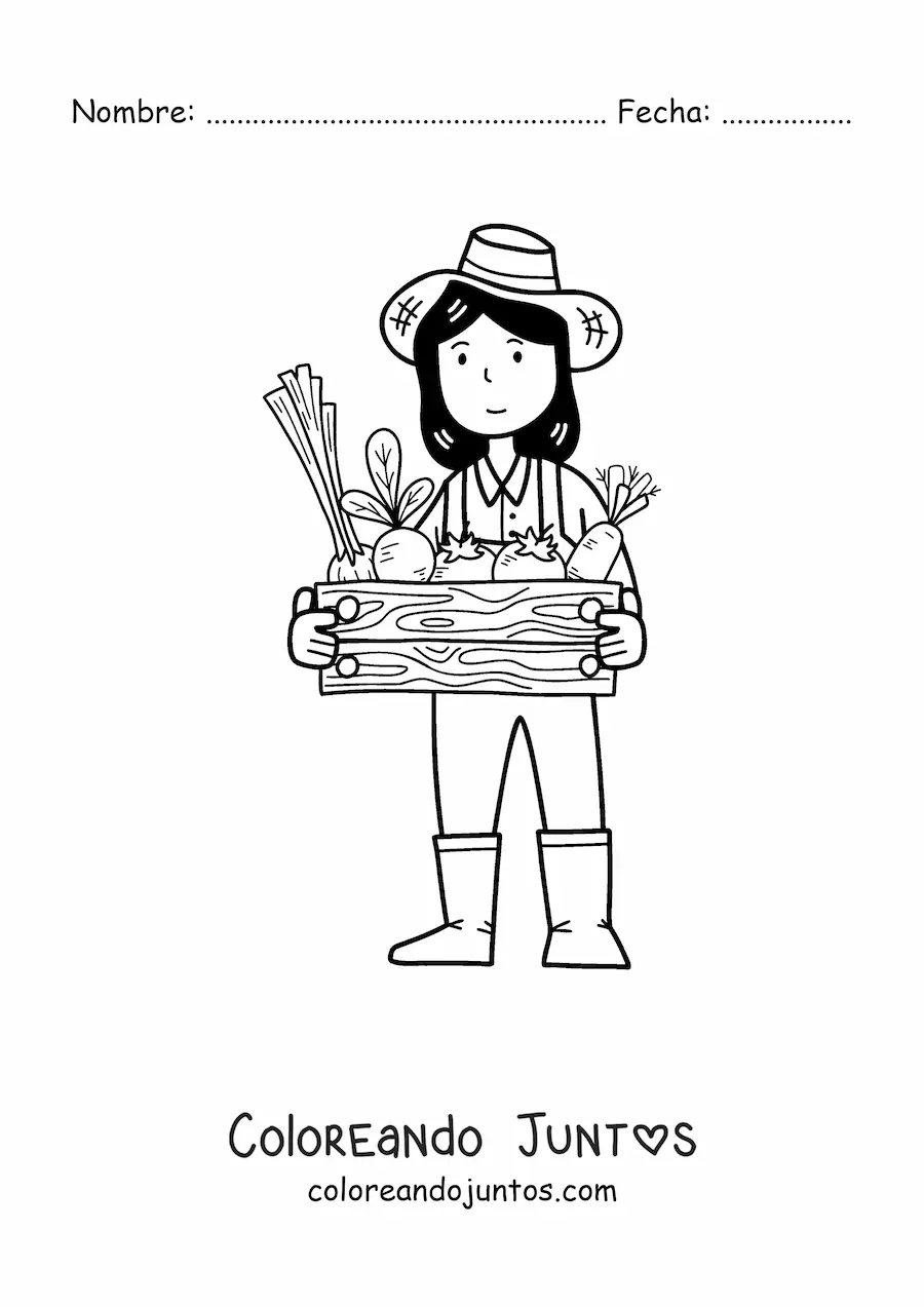 Imagen para colorear de granjera kawaii con vegetales cosechados en una caja
