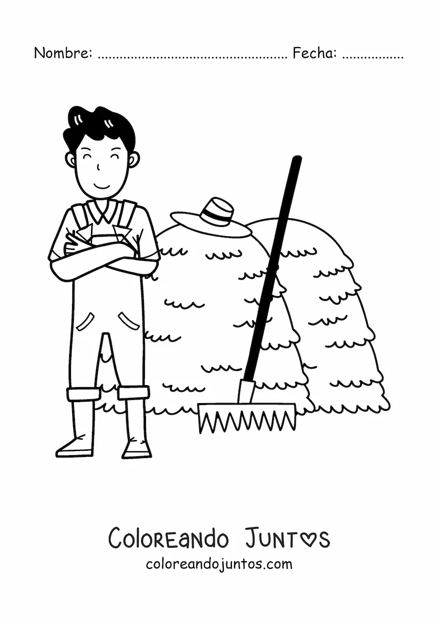 Imagen para colorear de granjero kawaii con rastrillo junto a una pila de heno