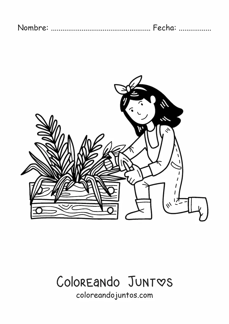 Imagen para colorear de chica granjera kawaii plantando