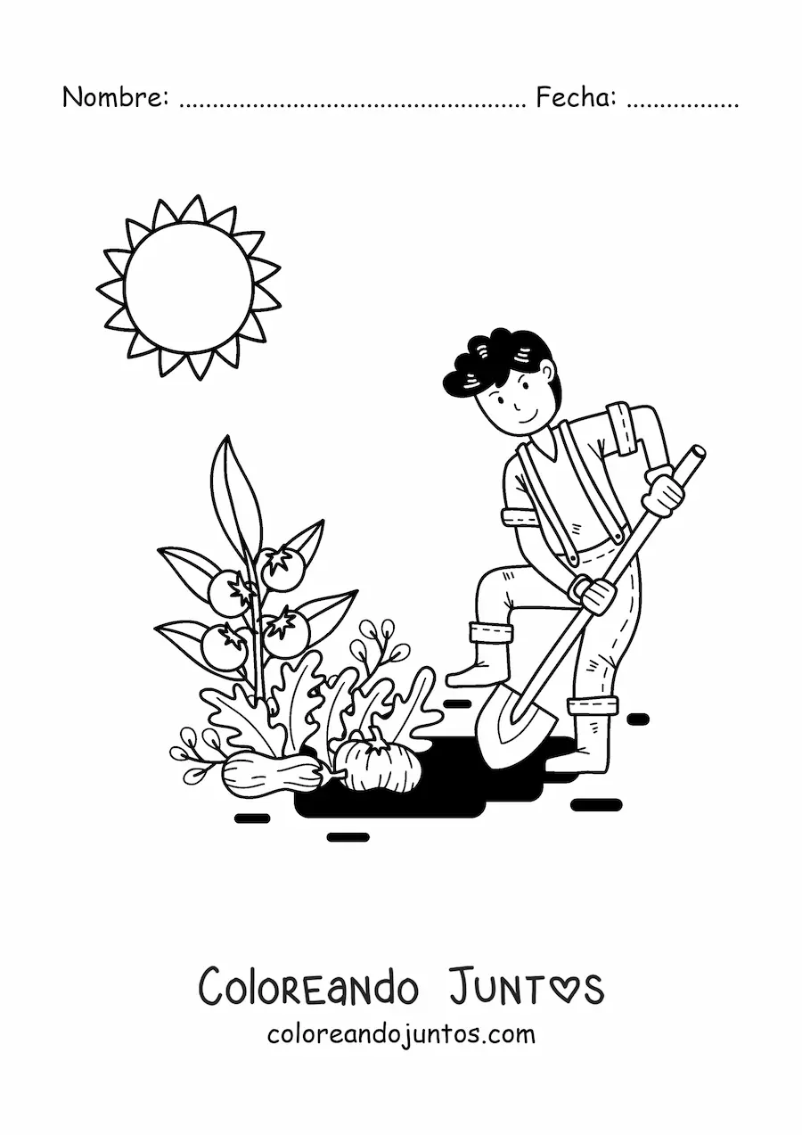 Imagen para colorear de chico granjero kawaii plantando tomates bajo el Sol