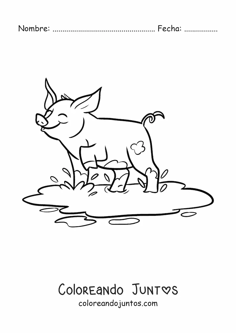 Imagen para colorear de cerdo kawaii jugando en el lodo