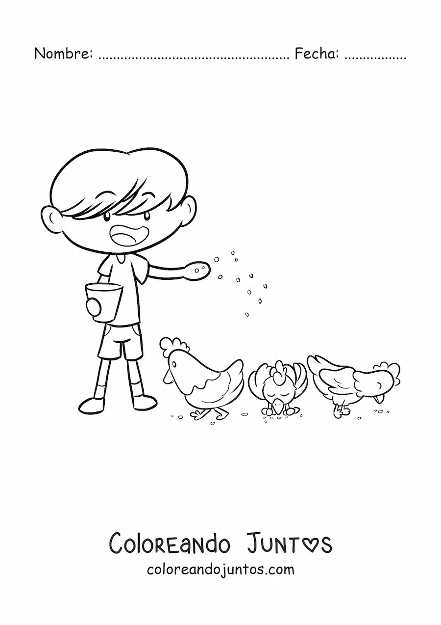 Imagen para colorear de niño granjero kawaii alimentando a los pollitos