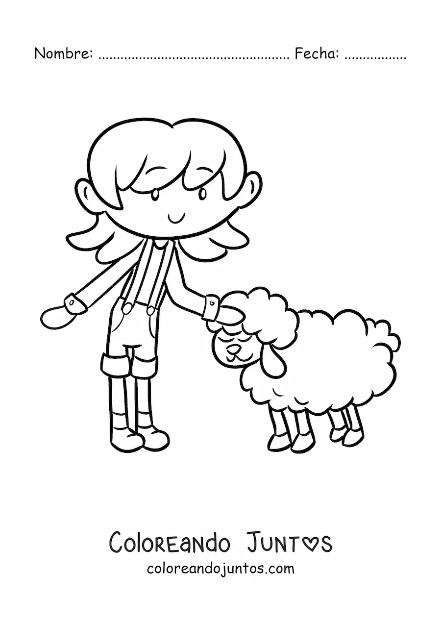 Imagen para colorear de niña granjera kawaii acariciando a una oveja