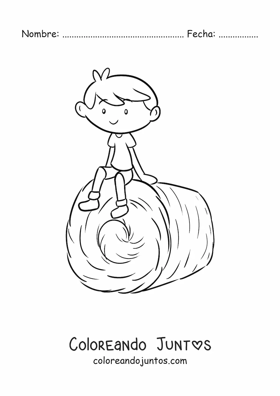 Imagen para colorear de niño granjero kawaii sentado en una pila de heno