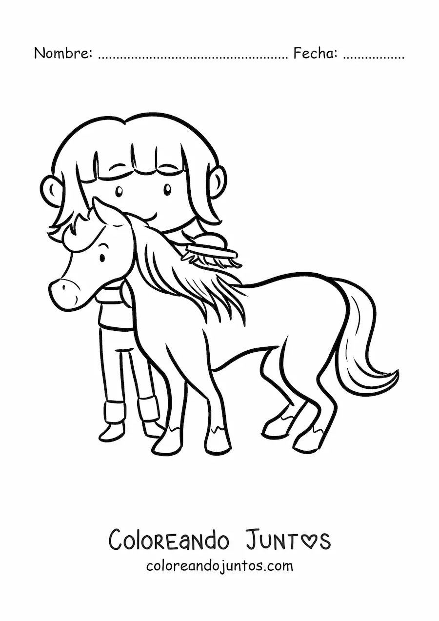 Imagen para colorear de niña granjera kawaii peinando a un pony