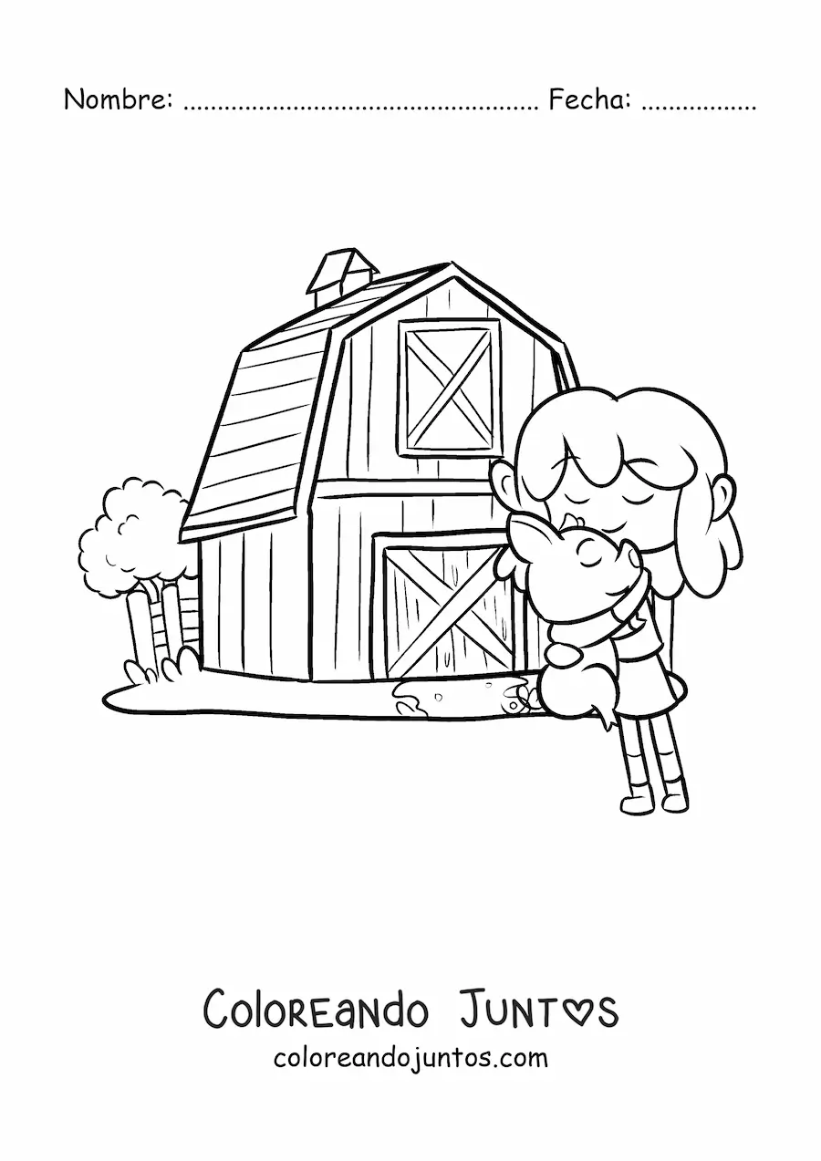 Imagen para colorear de niña granjera con conejo en la granja kawaii